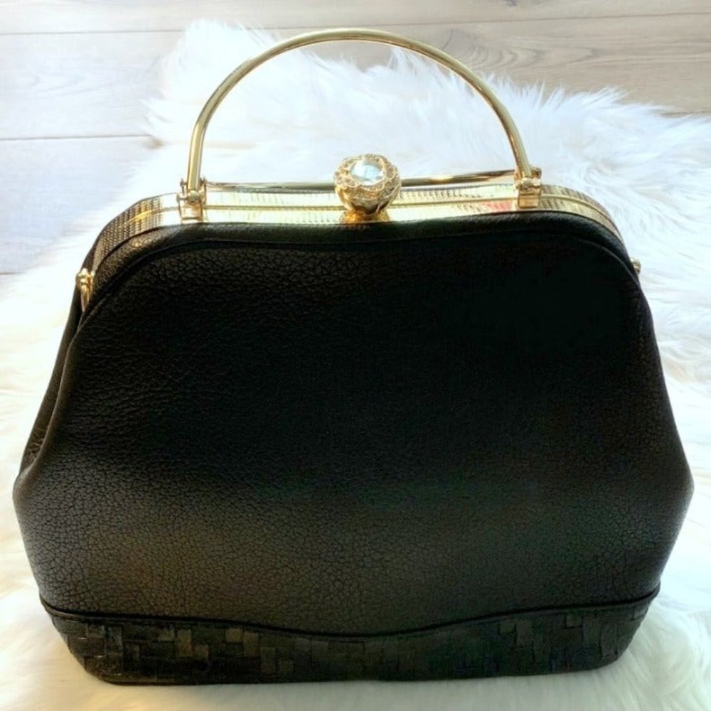 NEW Retro 50's Vintage-Look Black Large Satchel Crystal Clasp Handbag